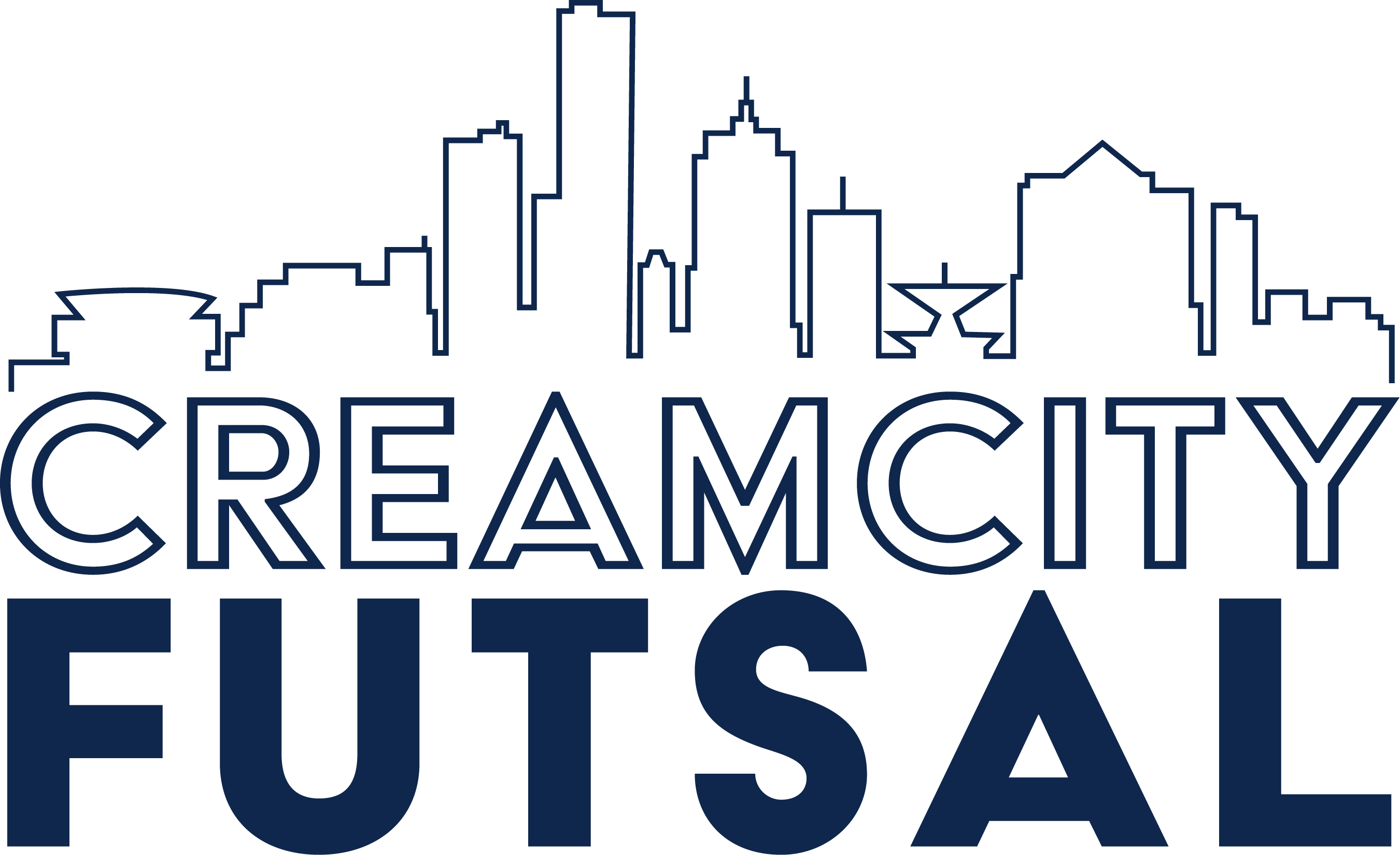 Logo for Cream City Futsal in navy blue featuring a city skyline outline above the words "CREAM CITY" in an outlined font and "FUTSAL" in a bold, solid font.