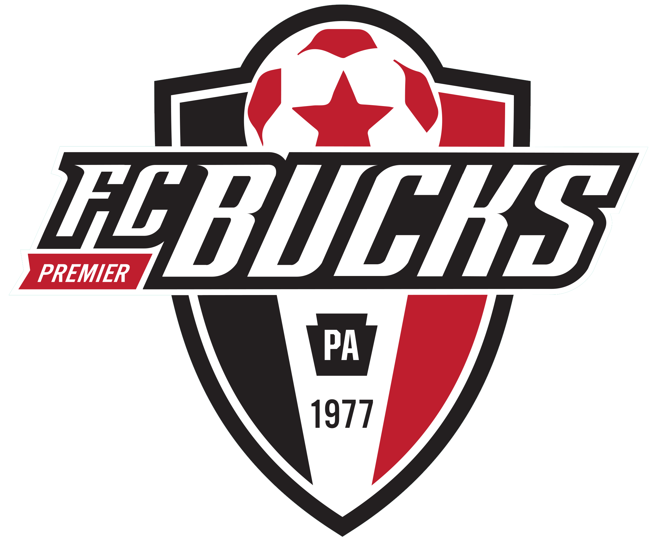 BUCK5 - FC Bucks "CREST Transfer" POCKET Color: A red, white, and black soccer crest featuring a soccer ball with a red star, large white "FC BUCKS" text, a "PREMIER" banner, a Pennsylvania keystone symbol, and the year 1977.