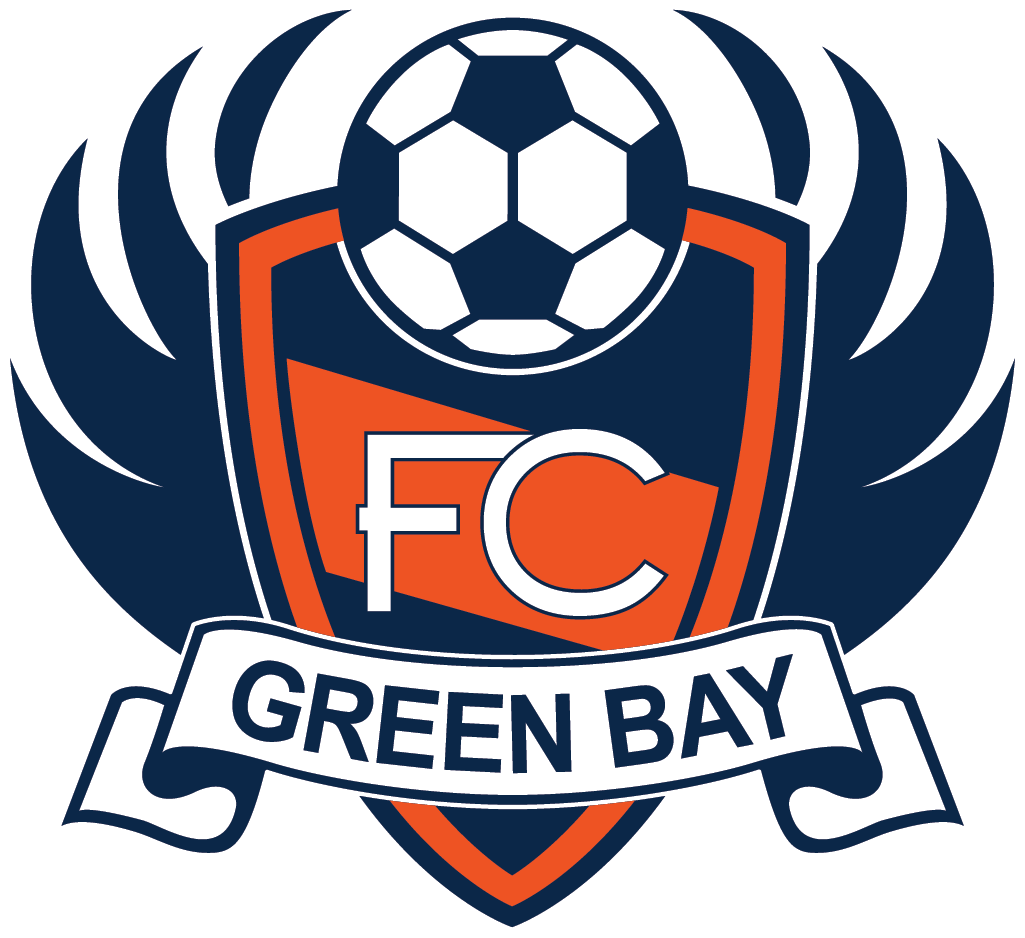 The image displays the FC Green Bay "CREST" in pocket color, featuring a dark blue and orange shield with "FC" in white, topped by a soccer ball and flanked by dark blue wings, with "GREEN BAY" on a banner below.