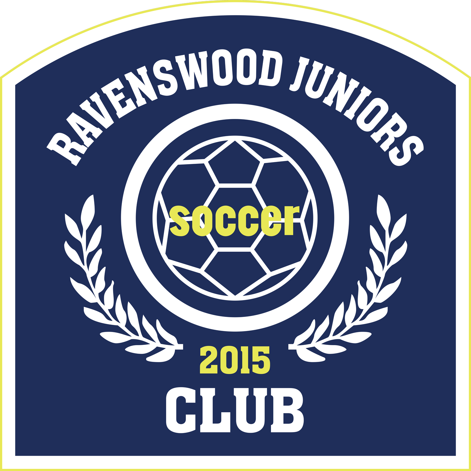 Navy blue shield-shaped logo for Ravenswood Juniors Soccer Club. Features a soccer ball, laurel wreath, and text "RAVENSWOOD JUNIORS," "soccer," "2015," and "CLUB."