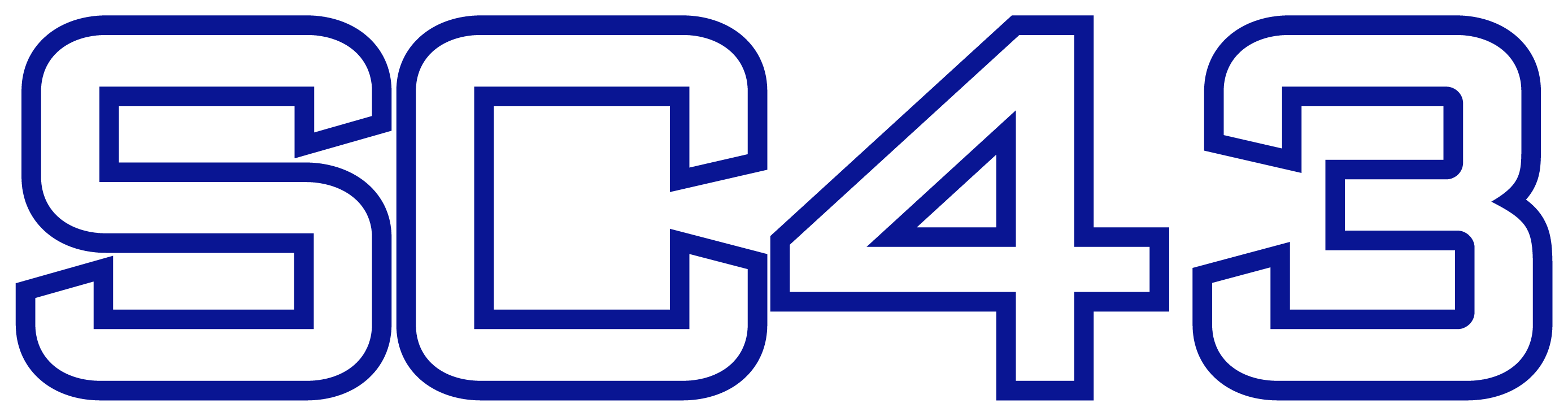 A product logo for SC43-4 - SC 43 "TEXT" FULL White & Royal featuring stylized white block letters "SC43" with a royal blue outline and a white border against a black background.