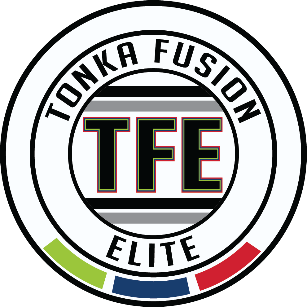 A circular crest for TFE6 - Tonka Fusion Elite "CREST" POCKET Color, featuring the text "TONKA FUSION ELITE" in a white ring, surrounding a central "TFE" monogram over horizontal stripes with green, blue, and red color blocks at the bottom.