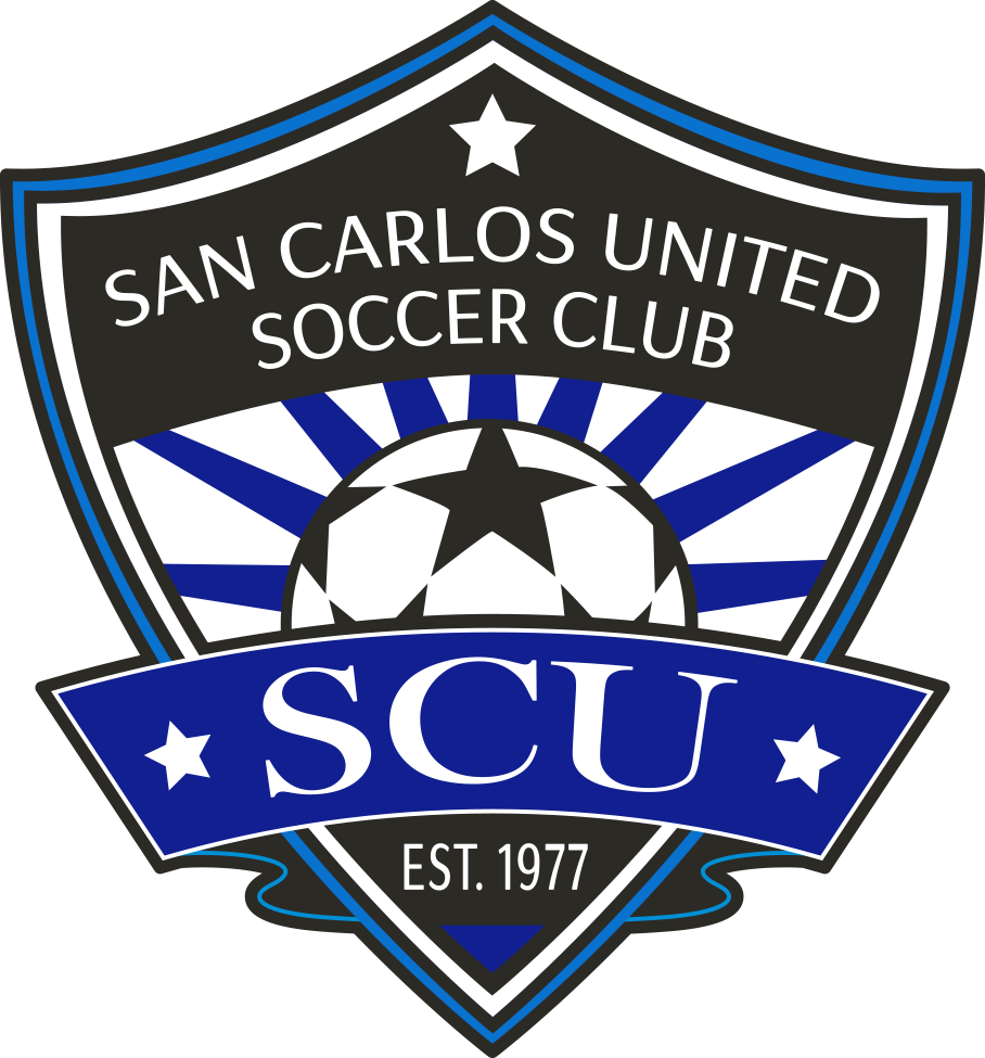 Shield-shaped logo for San Carlos United Soccer Club with a soccer ball, blue rays, stars, "SCU", and "EST. 1977" in blue, black, and white.
