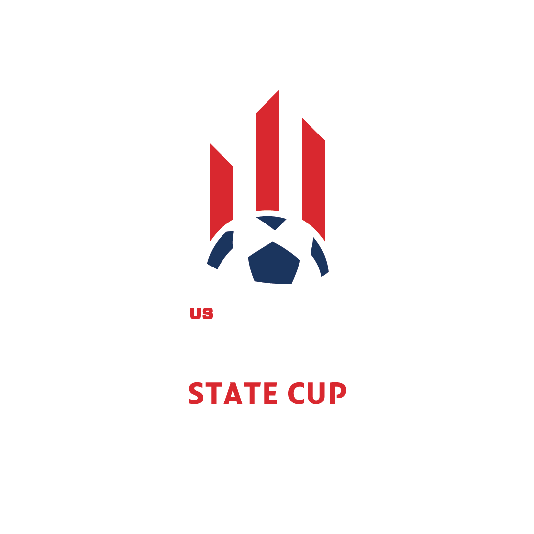 US State Cup logo featuring a navy blue and white soccer ball topped with three red vertical bars, with the words "STATE CUP" in red bold text at the bottom.
