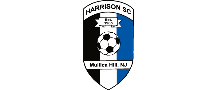A full-color soccer club logo for "HARRI2 - Harrison 'CREST' FULL Color" features a central shield with black, white, and blue vertical stripes and a soccer ball in the middle. The shield includes the text "HARRISON SC" at the top, "Est. 1985" above the ball, and "Mullica Hill, NJ" on a white banner at the bottom. Three horizontal white stripes extend from each side of the crest against a black background.