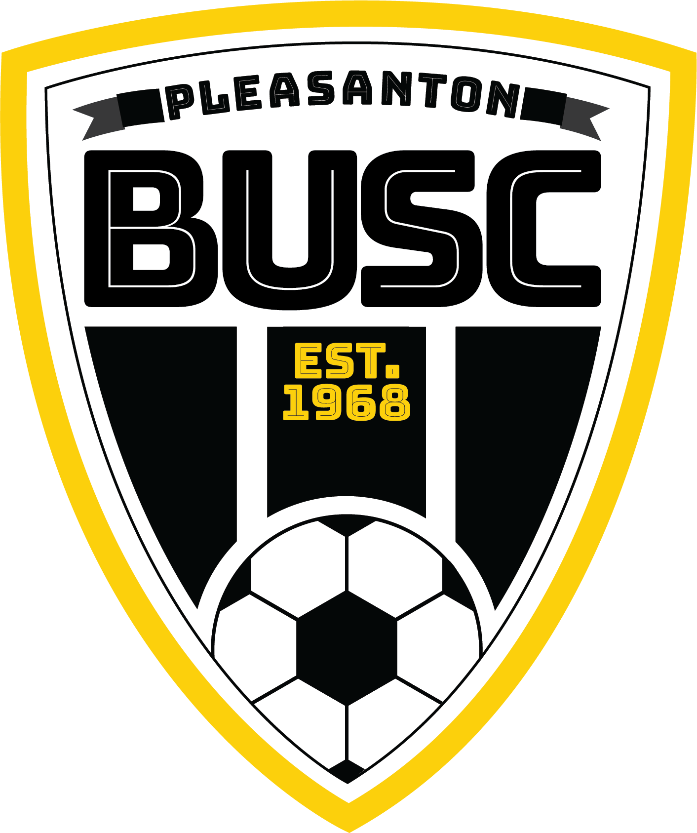 BUSC Crest Yellow: A shield-shaped sports logo with a thick yellow border, featuring the text "PLEASANTON" on an arched banner, large bold "BUSC" letters, "EST. 1968" on a central black stripe, and a soccer ball at the bottom.