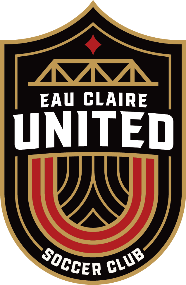 A shield-shaped logo for the ECU1 - EAU Claire United "CREST" POCKET Color featuring a black background with gold borders, a truss bridge icon, white text reading "EAU CLAIRE UNITED", a red and gold "U" design, and "SOCCER CLUB" along the bottom.