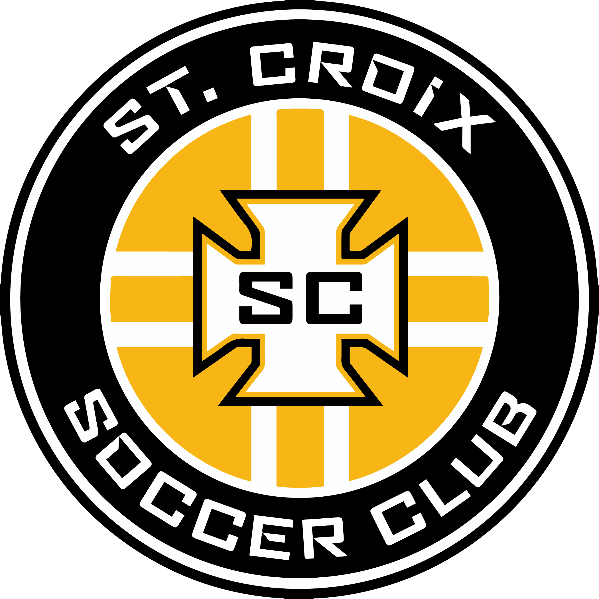 STCX11 - St Croix SC "CREST" FULL Color. A circular logo with a black outer ring featuring white text reading "ST. CROIX" at the top and "SOCCER CLUB" at the bottom. The center contains a yellow circle with intersecting white stripes and a central white cross emblem with a black outline and the letters "SC" in black.