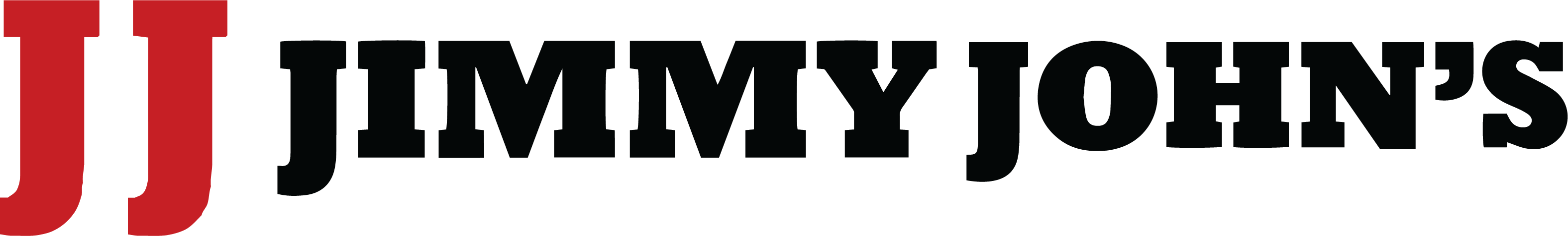 A logo for Jimmy John's featuring a red "JJ" monogram followed by the brand name in bold black slab-serif text.