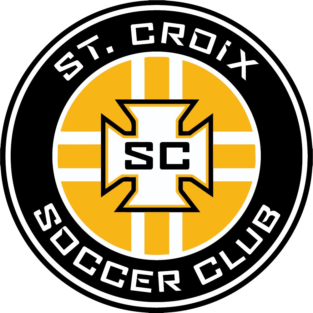 Logo for St. Croix Soccer Club. A circular black emblem with white text surrounding a yellow inner field with a white cross and "SC" in the center.