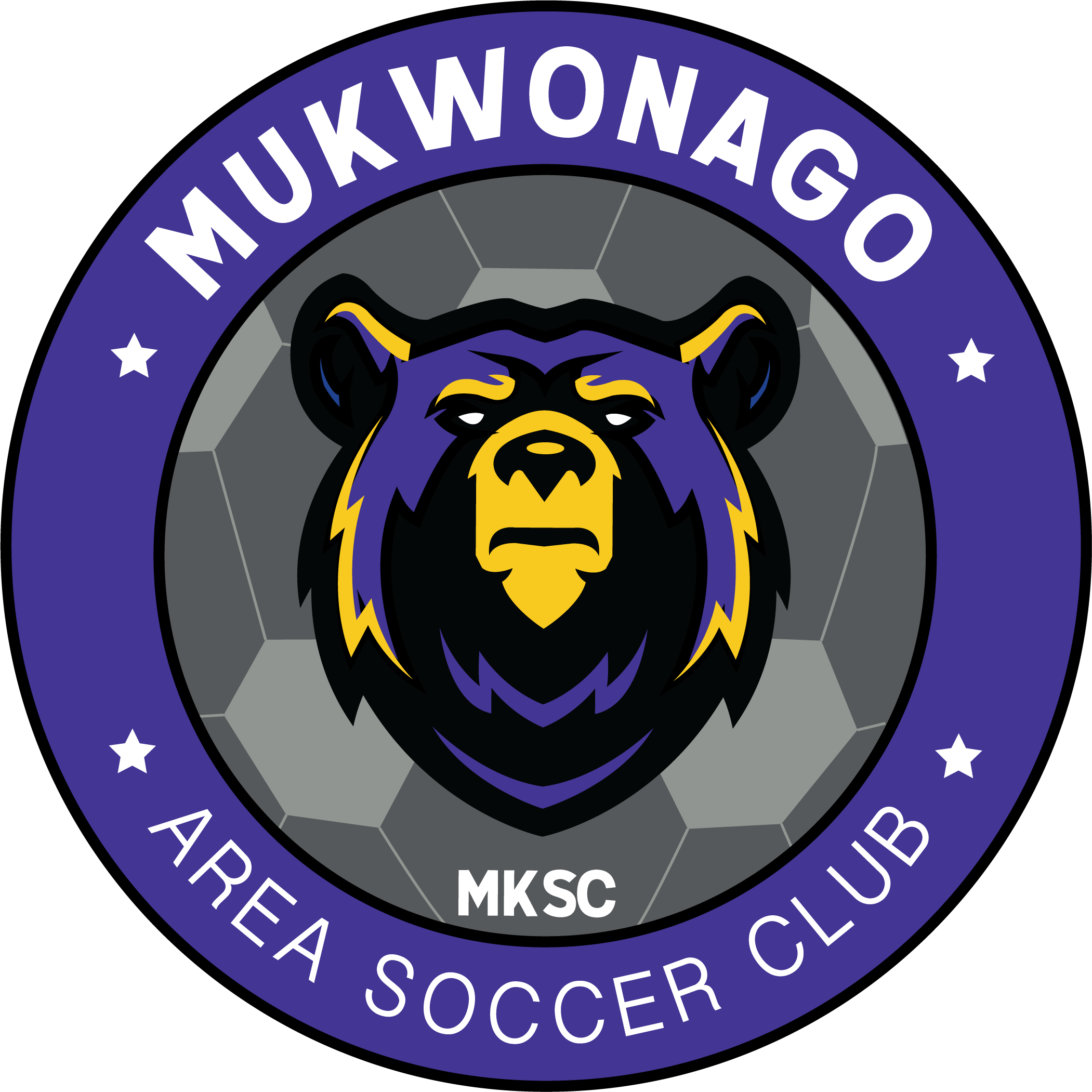 A full-color circular crest for the Mukwonago Area Soccer Club (MKSC). The logo features a central, stylized head of a fierce bear in black, purple, and yellow, set against a gray background with a soccer ball pattern. A purple outer ring contains the white text "MUKWONAGO" at the top and "AREA SOCCER CLUB" at the bottom, with four small white stars spaced around the ring. The initials "MKSC" are located just below the bear's head.