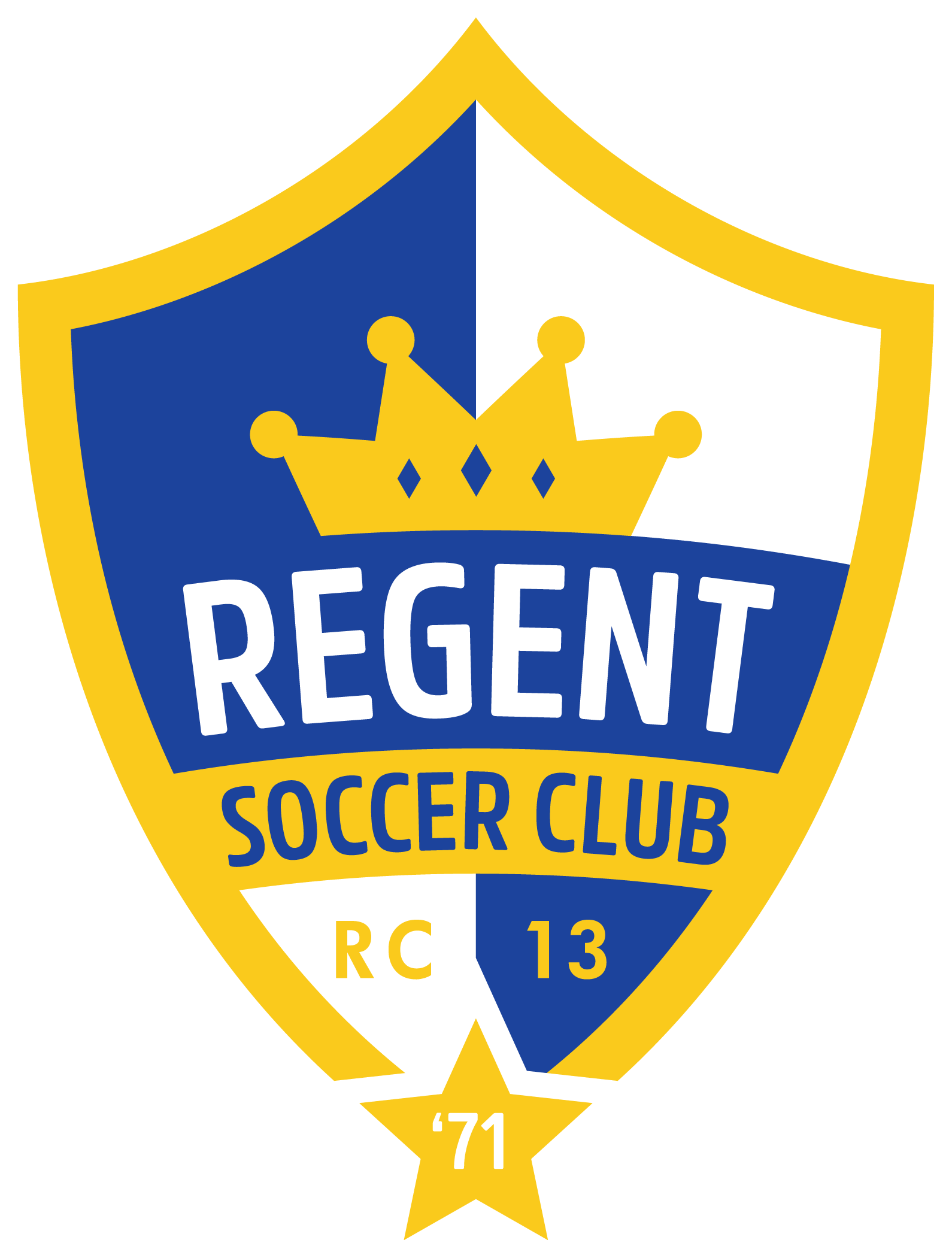 REG1 - Regent "CREST" FULL Color. A shield-shaped logo for the Regent Soccer Club, featuring a yellow crown above a blue banner with the word "REGENT" in white. Below this is a yellow section with "SOCCER CLUB" in blue text. The bottom of the crest is split into white and blue halves containing "RC" and "13" respectively, with a yellow star at the base featuring the year "'71."