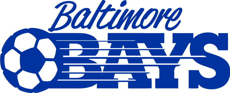 The logo for BBAY5 - Baltimore Bays features the word "Baltimore" in a blue cursive script above "BAYS" in large, bold block letters. A blue and white soccer ball is integrated into the first letter "B," and horizontal speed lines run through the word "BAYS." The entire logo is royal blue with white details on the soccer ball.