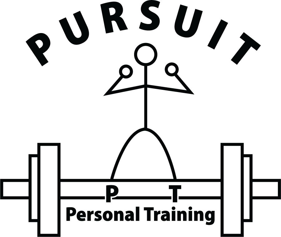 LXU Pursuit L Sleeve Black logo featuring a stick figure lifting weights, the word "PURSUIT" arched above, and a barbell with the letters "P" and "T" and "Personal Training" text below.