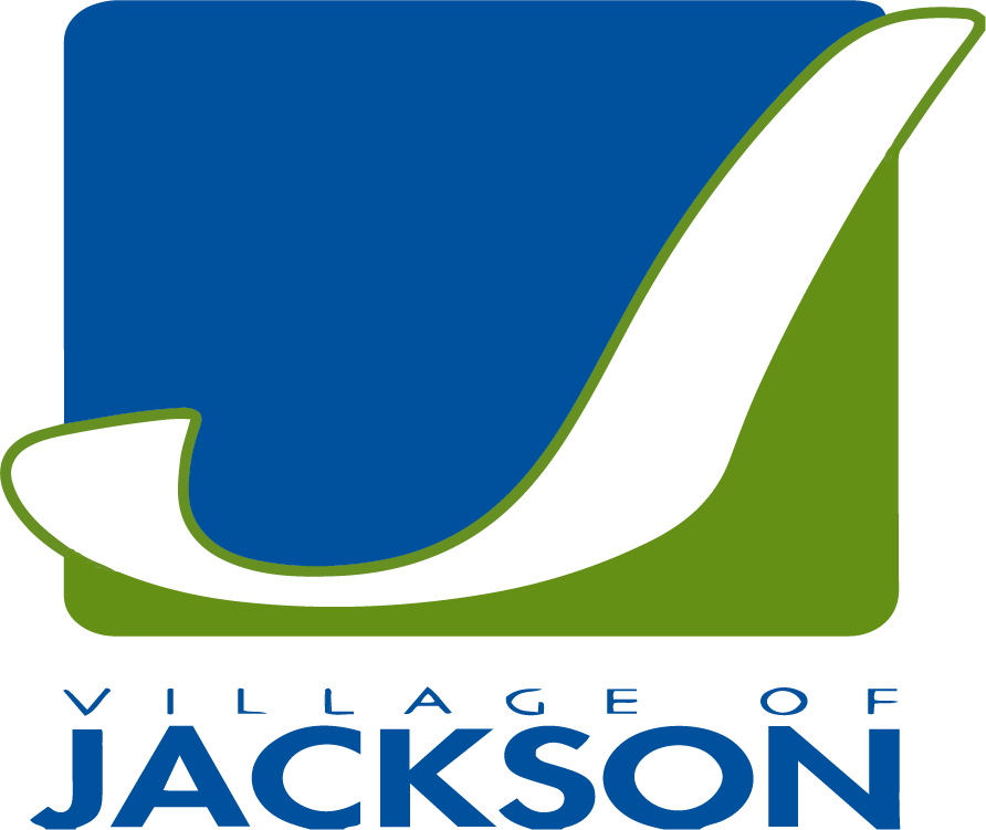 The logo for the Village of Jackson as featured on the JSC6 - Jackson SC "VOJ" SLEEVE Color, depicting a stylized white letter "J" sweeping across a square split into blue and green sections, with the words "VILLAGE OF JACKSON" written in blue below.
