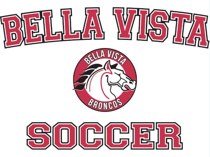 BV SOCCER LOGO: A graphic on a black background with "BELLA VISTA" arched at the top and "SOCCER" at the bottom in red varsity-style letters. In the center is a red circular emblem featuring a white bronco head and the words "BELLA VISTA BRONCOS."