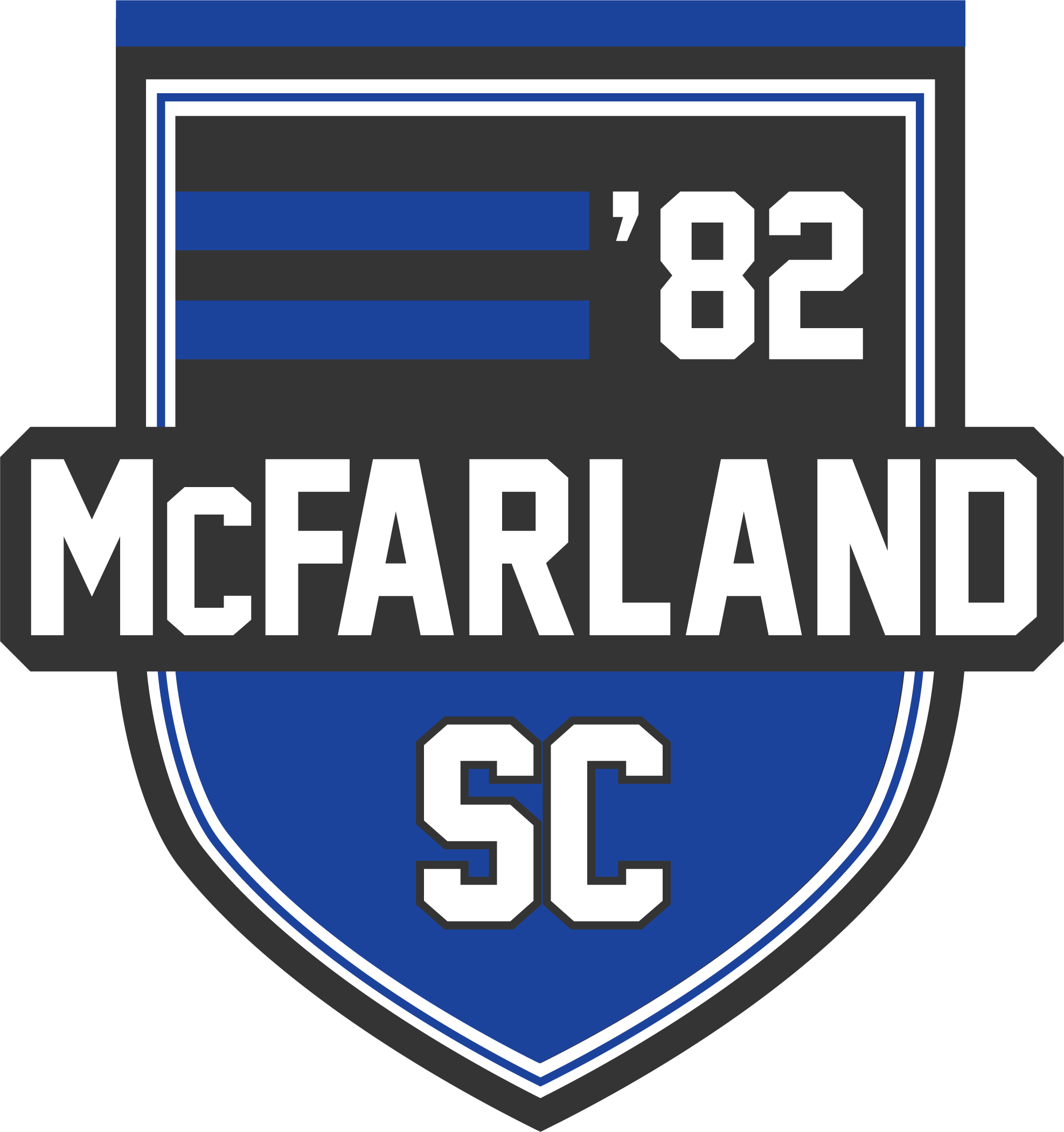A shield-shaped logo for McFarland SC features a grey upper half and a blue lower half, separated by a horizontal grey banner with "McFARLAND" in white block letters. The top section includes two blue stripes and "'82" in white, while the bottom section displays "SC" in white. The entire crest is bordered in grey and white.
