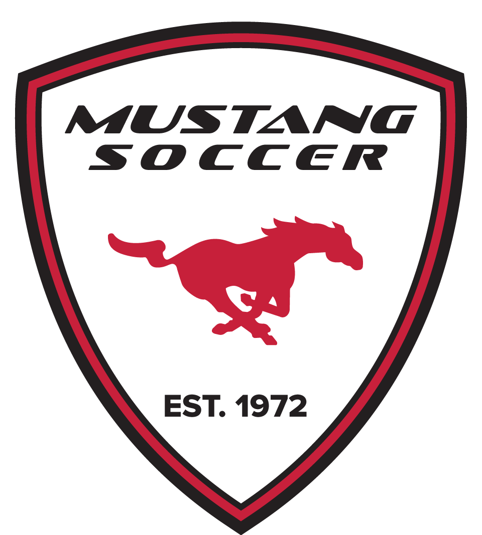 Mt Diablo Mustang Hat Logo featuring a shield-shaped emblem with a black and red border, containing the words "MUSTANG SOCCER" at the top, a red silhouette of a galloping mustang in the center, and "EST. 1972" at the bottom.