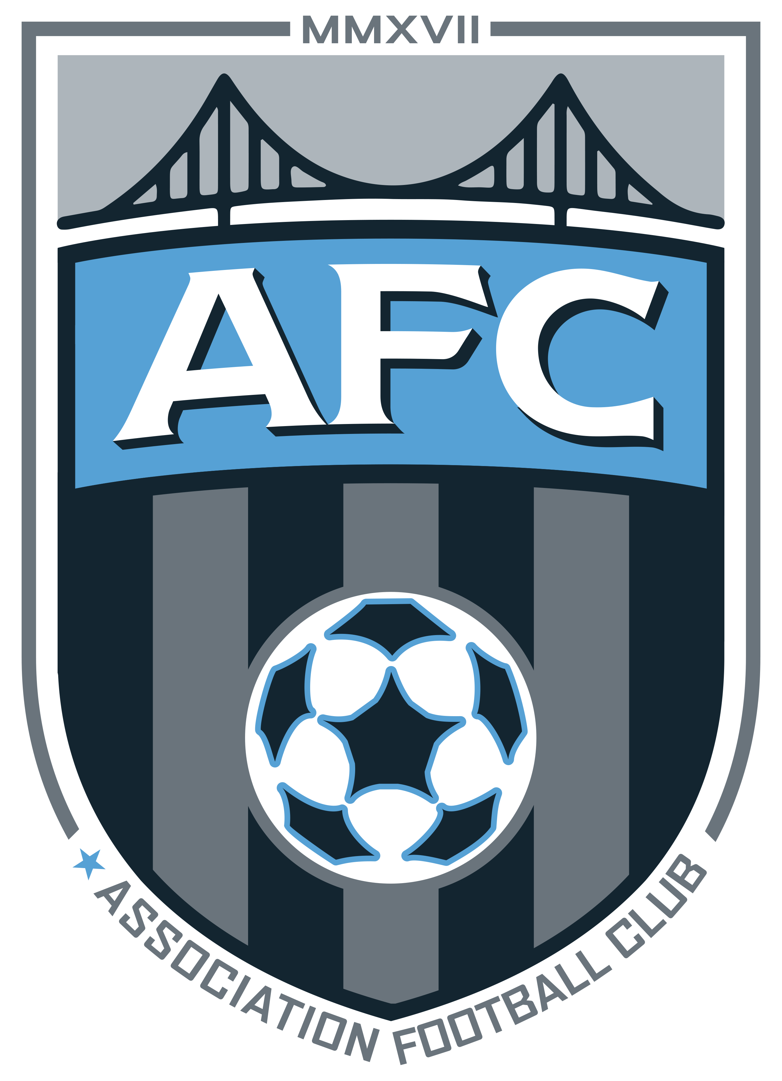 A shield-shaped logo for AFC Primary Logo Spiritwear, featuring a suspension bridge silhouette and Roman numerals "MMXVII" at the top. A central light blue banner displays "AFC" in white text. Below, a soccer ball is centered over vertical gray and dark blue stripes. The bottom border includes the text "ASSOCIATION FOOTBALL CLUB" next to a small star.