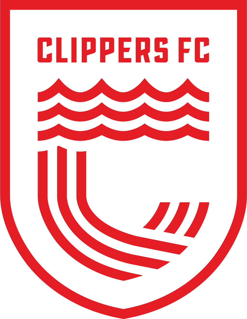 Clippers Spiritwear Logo 4 (Red): A red and white shield-shaped crest featuring the text "CLIPPERS FC" above three wavy lines and a stylized letter "C" composed of three curved red stripes.