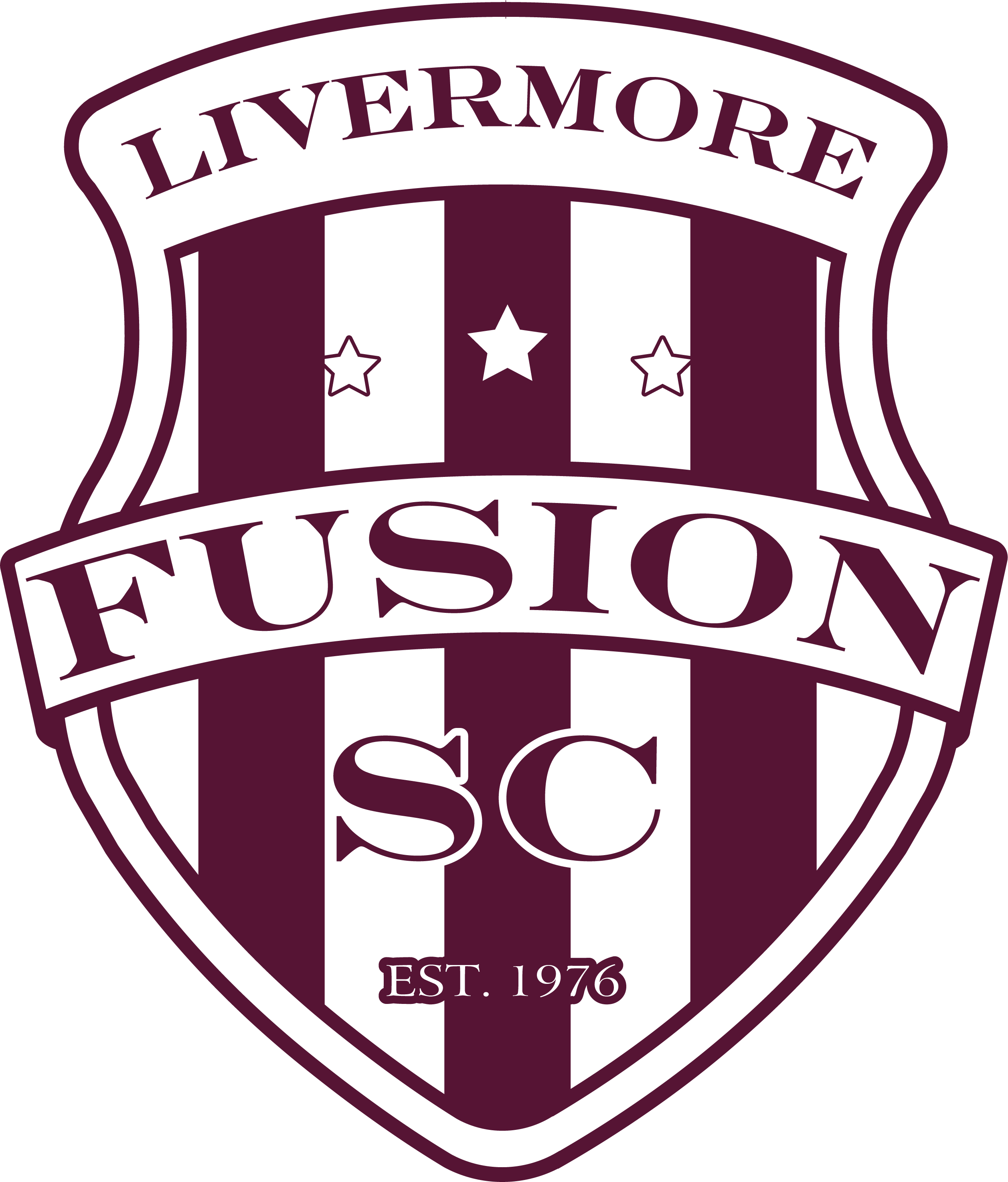 A maroon and white shield-shaped logo called Fusion Crest Maroon features the word "LIVERMORE" arched at the top, a central banner with "FUSION," and "SC EST. 1976" at the bottom. The background of the crest has vertical stripes and three stars.