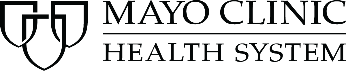 A black Mayo Clinic Health System logo featuring three interlocking shields to the left of the text.