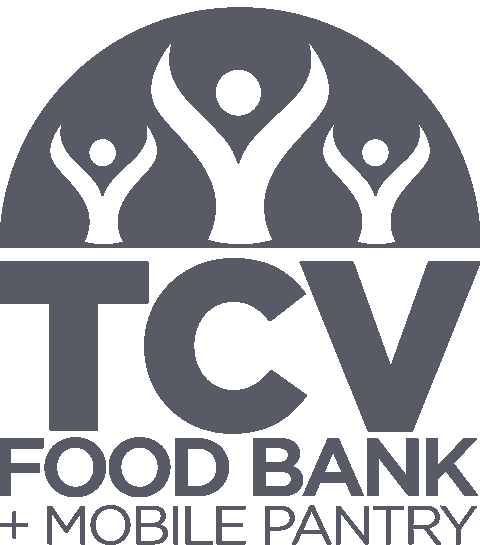 Logo for TCV Food Bank + Mobile Pantry featuring three stylized figures with raised arms in a semi-circle.