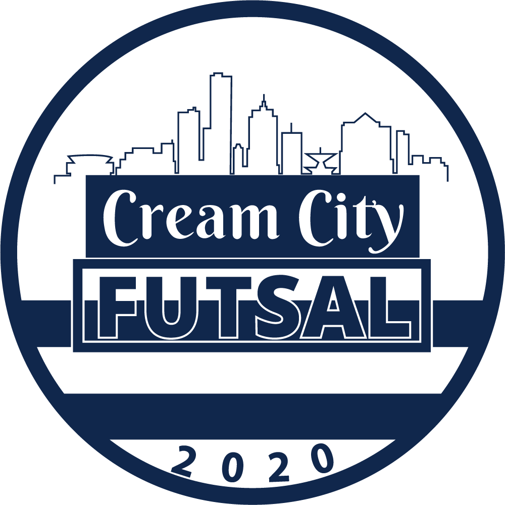 A navy blue and white circular crest for CCF18 - Cream City Futsal "CREST" POCKET Navy. The design features a city skyline outline at the top, followed by a banner reading "Cream City" in a script font and "FUTSAL" in large, bold block letters. The year "2020" is displayed at the bottom within a thick navy border.