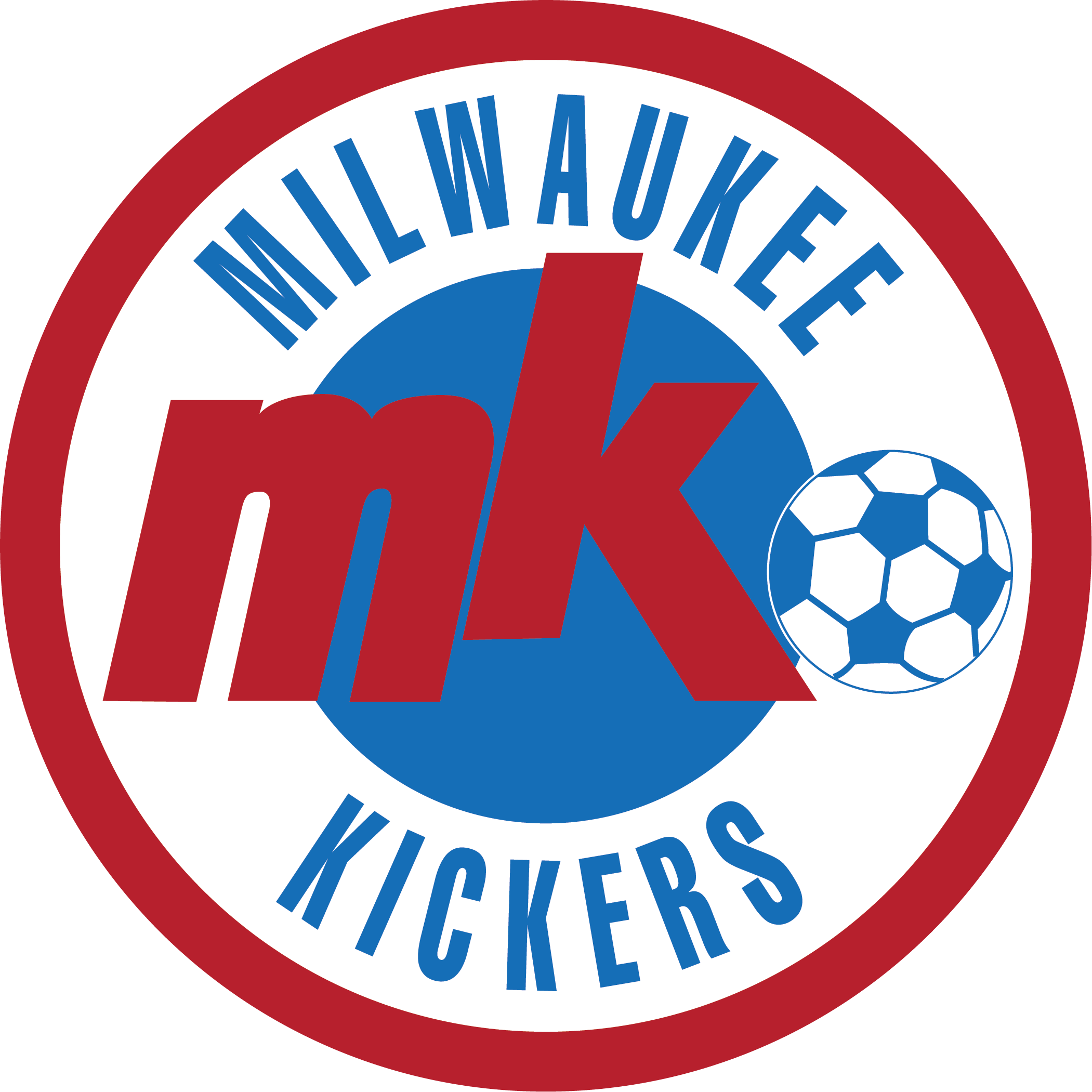 A circular crest logo for the Milwaukee Kickers (MKSC2) in red, white, and blue. The design features a red outer ring, with the words "MILWAUKEE" and "KICKERS" arched in blue at the top and bottom. In the center is a blue circle with large, stylized red lowercase letters "mk" and a white and blue soccer ball to the right.
