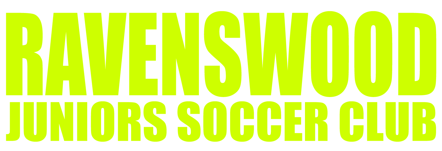 Bold neon yellow text reads "RAVENSWOOD" with "JUNIORS SOCCER CLUB" underneath in a sans-serif font.