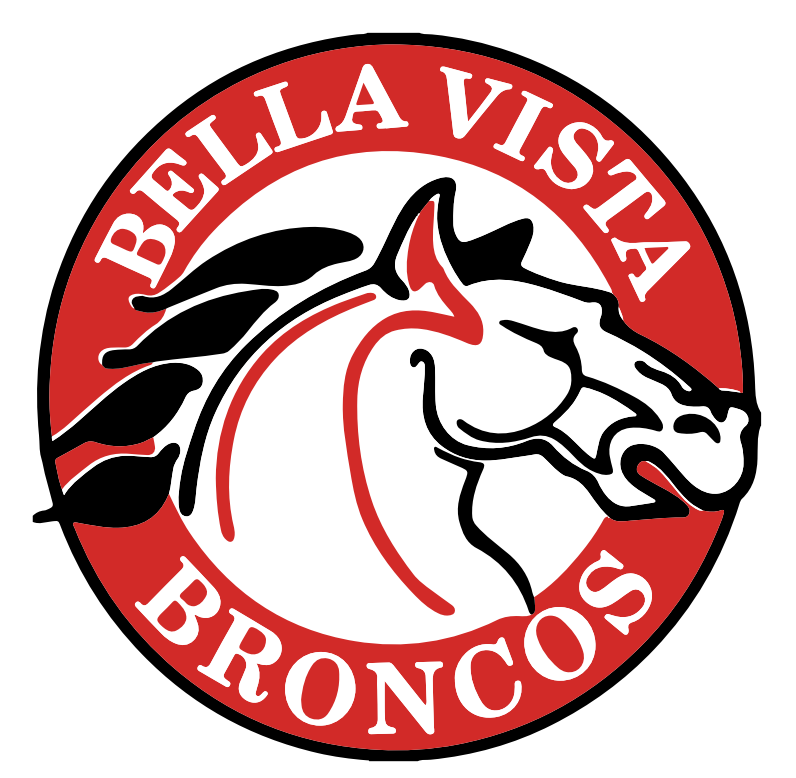 BV CIRCLE LOGO: A circular emblem featuring a red outer ring with the white arched text "BELLA VISTA" at the top and "BRONCOS" at the bottom. The center contains a white horse head in profile facing right, detailed with black outlines and red accents.
