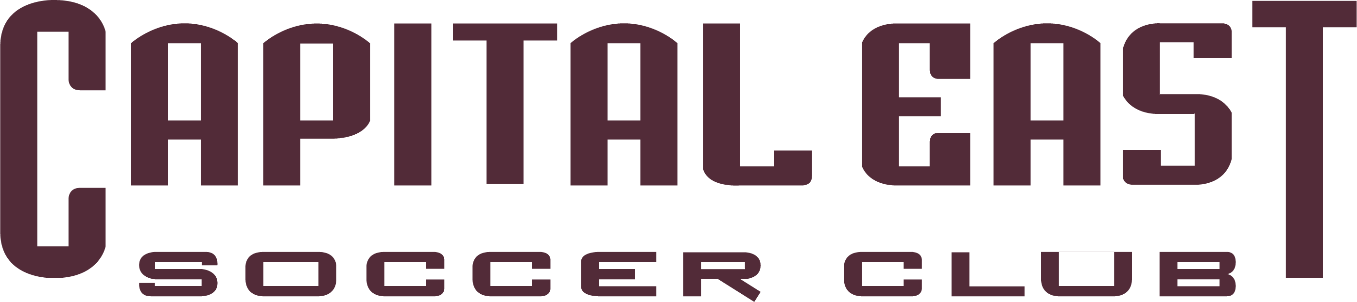 CAPE3 - Capital East "TEXT" FULL Maroon logo featuring the words "CAPITAL EAST" stacked above "SOCCER CLUB" in a bold, blocky maroon font.