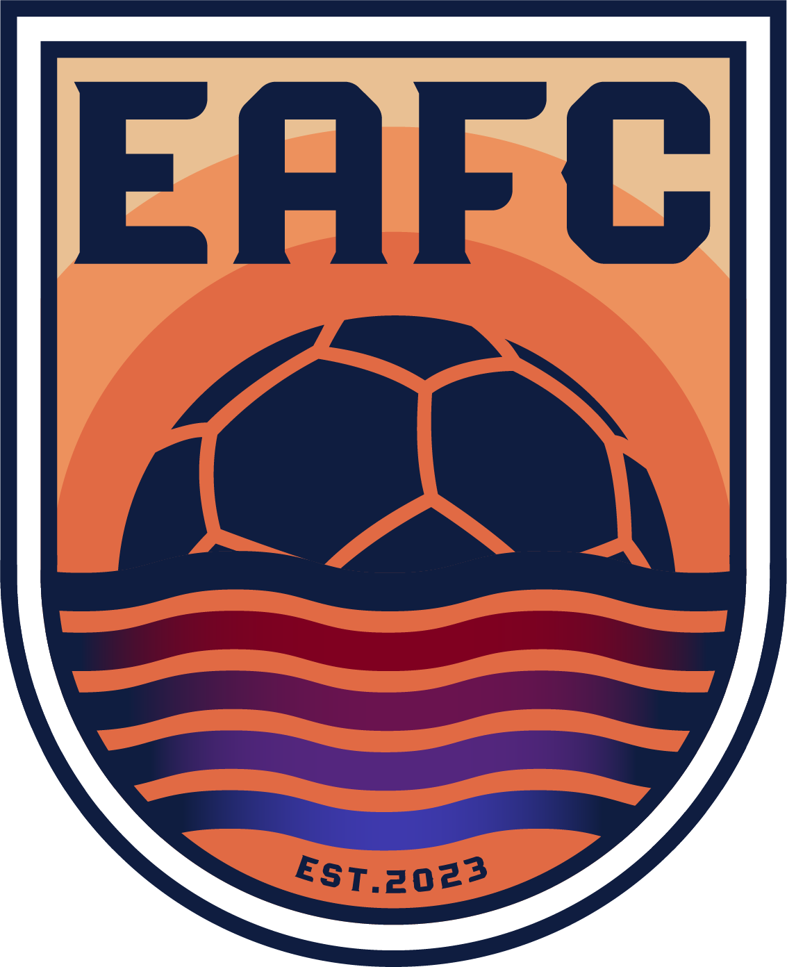 EAFC Spiritwear Logo 1 (Full Color) is a shield-shaped crest featuring the bold navy blue letters "EAFC" at the top. Below the text, a navy soccer ball sits against a stylized orange sunset. The bottom half of the shield depicts vibrant, multi-colored waves in shades of orange, red, purple, and blue, with "EST. 2023" centered along the bottom curve.