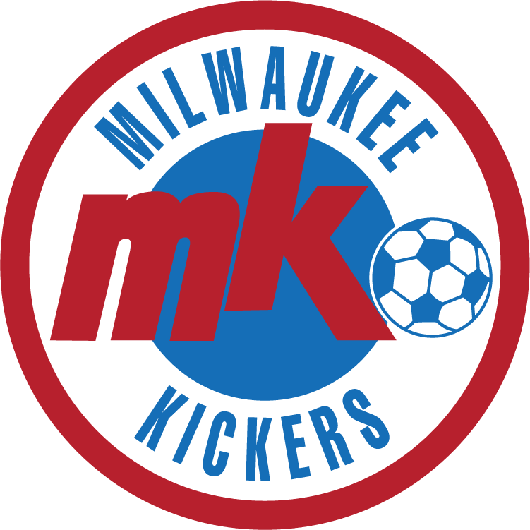 The MUK3 - Mukwonago "MILWAUKEE TAG" POCKET Color is a circular soccer logo featuring a red outer ring and a white inner band with the blue text "MILWAUKEE KICKERS." At the center, a blue circle is overlaid with large, slanted red "mk" initials and a blue-and-white soccer ball icon.