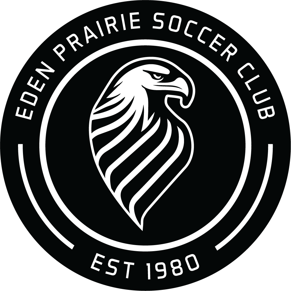 A circular black and white crest for Eden Prairie Soccer Club, featuring a stylized white eagle head profile in the center with the words "EDEN PRAIRIE SOCCER CLUB" curving along the top and "EST 1980" at the bottom.