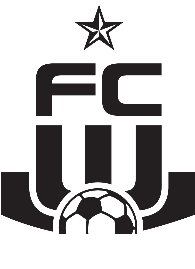 The FCW OTH Logo White Text White Black is a monochrome crest featuring a five-pointed star at the top, stylized letters "FC" above a "W," and a soccer ball integrated into the base.