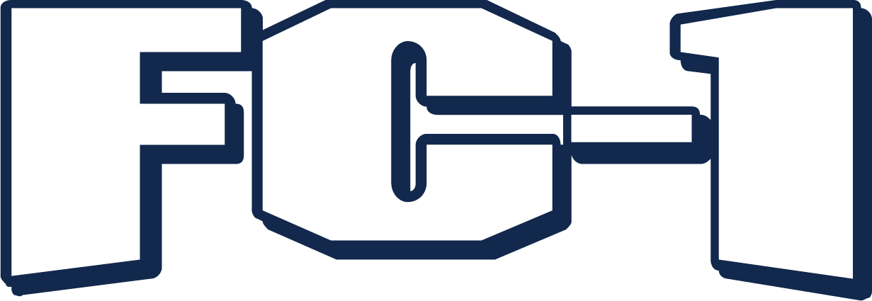 A graphic logo for the FC1 Academy "FC-1 TEXT" POCKET White & Navy, featuring bold, blocky white lettering with a thick navy blue outline.