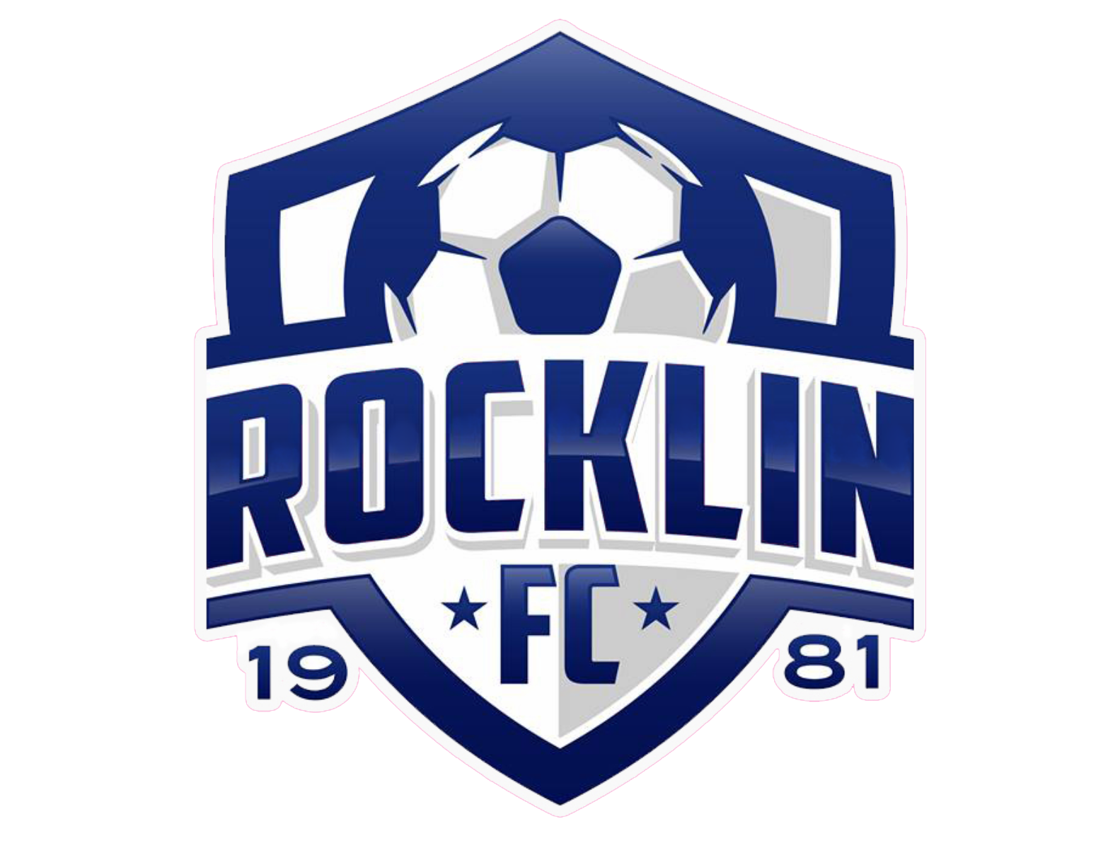 RFC CREST SPIRIT LOGO: A blue and white shield-shaped soccer crest featuring a soccer ball at the top, the word "ROCKLIN" in large bold blue letters across the center, and "FC" flanked by two stars with the year "1981" at the bottom.