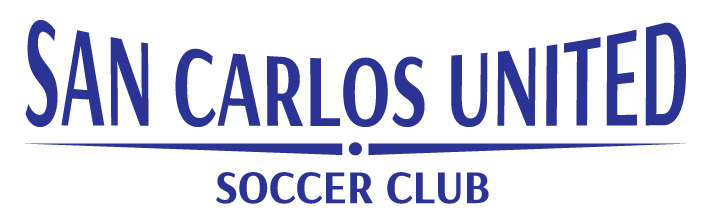 Blue logo for San Carlos United Soccer Club featuring stylized uppercase text and a thin horizontal separator line.