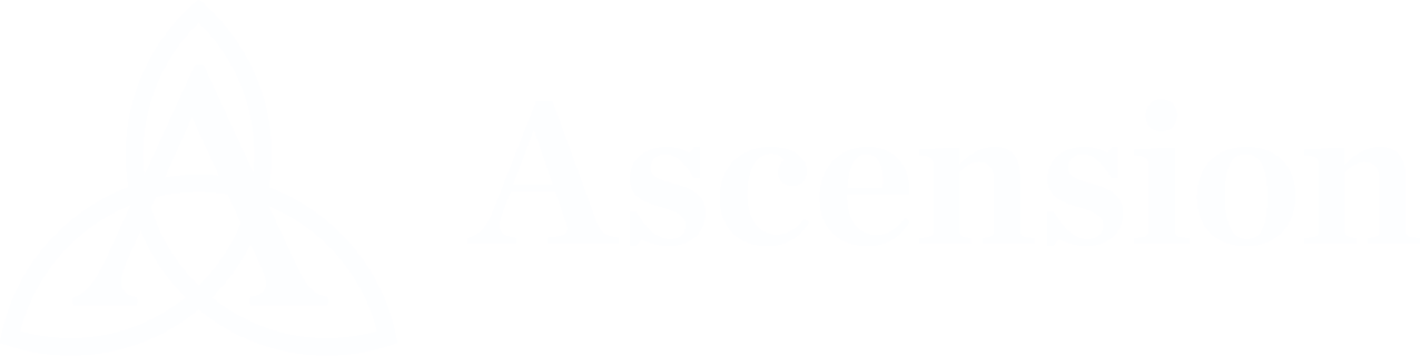 A white graphic design featuring a triquetra-inspired logo next to the word "Ascension" in a serif font, from the AFC Union "ASCENSION" collection.