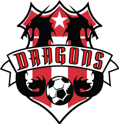 A soccer crest for Dragons SC featuring a shield with red and white vertical stripes, two black dragon silhouettes flanking a white star at the top, a banner across the center with the word "DRAGONS" in a bold red font, and a soccer ball at the bottom.