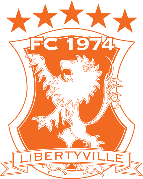 GLSA12 - GLSA FC "CREST" POCKET Orange. This is an orange and white soccer crest featuring five stars above a shield with a rampant lion and the text "FC 1974 LIBERTYVILLE."
