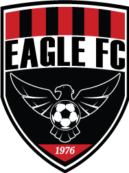 A shield-shaped logo for the EAG7 - Eagle FC "HAT Patch" POCKET Color. The emblem features red and black vertical stripes at the top, a white central band with the text "EAGLE FC" in black, and a white stylized eagle with a soccer ball in its center over a black background. The bottom tip of the shield contains a red triangle with the year "1976" in white.