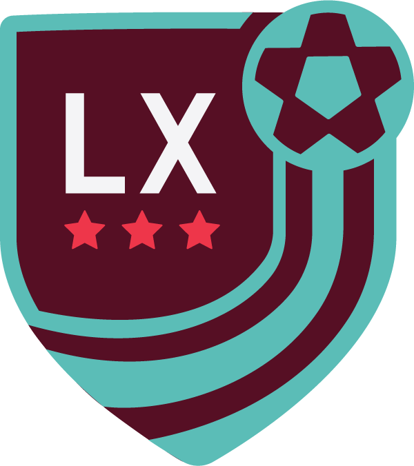 LXU Hat Logo: A maroon shield-shaped crest featuring white "LX" text, three small red stars, and a stylized teal soccer ball with sweeping curved border lines.