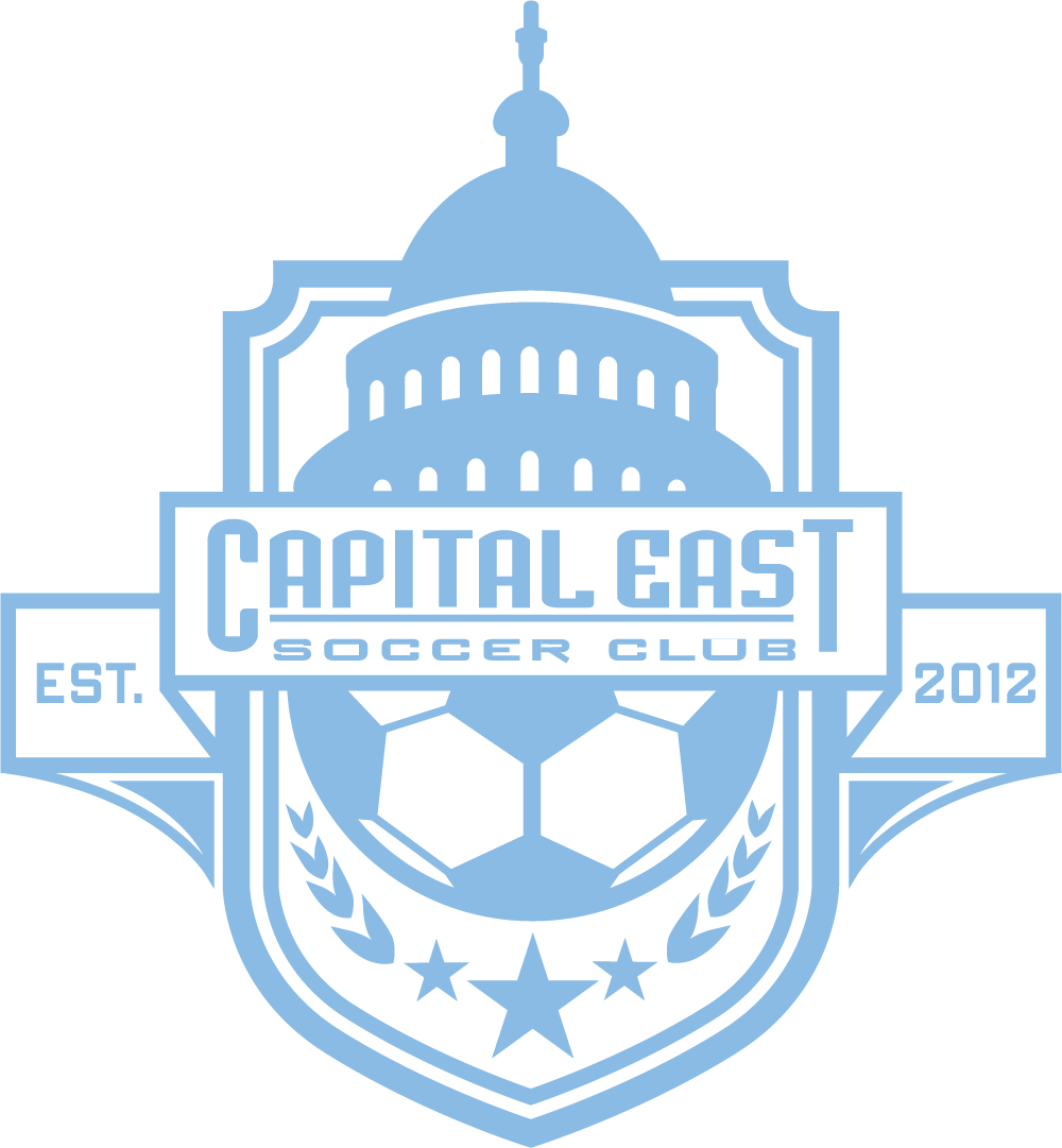 CAPE8 - Capital East "CREST" POCKET C.Blue. This image features a light blue monochromatic crest logo for "Capital East Soccer Club." The design includes a stylized capitol dome at the top, a central banner with the club's name, and a soccer ball at the bottom flanked by stars and wheat sprigs. Banners on the sides indicate "EST. 2012."