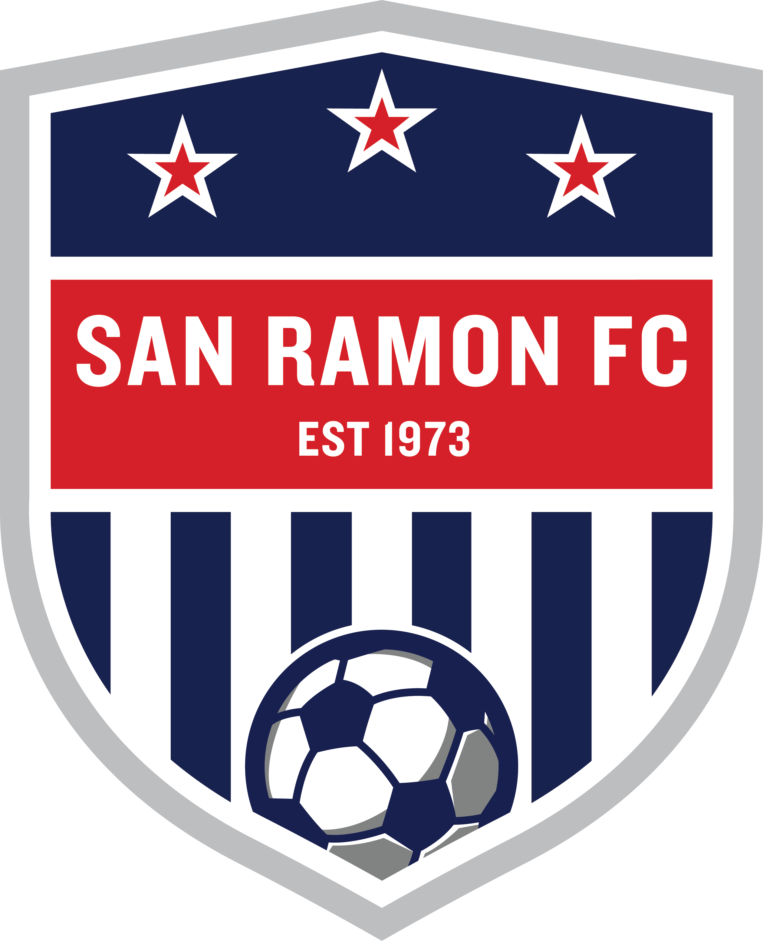 A shield-shaped San Ramon FC Crest featuring three red and white stars on a navy top section, the club name and "EST 1973" in white on a red middle band, and a soccer ball over navy and white vertical stripes at the bottom.