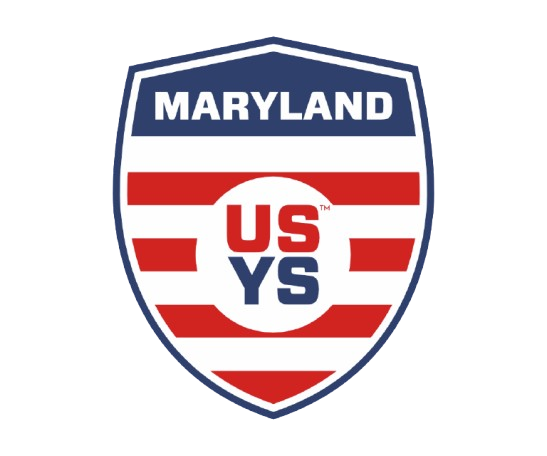 Shield-shaped Maryland USYS logo. A navy top bar reads "MARYLAND" over red and white horizontal stripes. A central white circle features "US" in red and "YS" in navy blue.