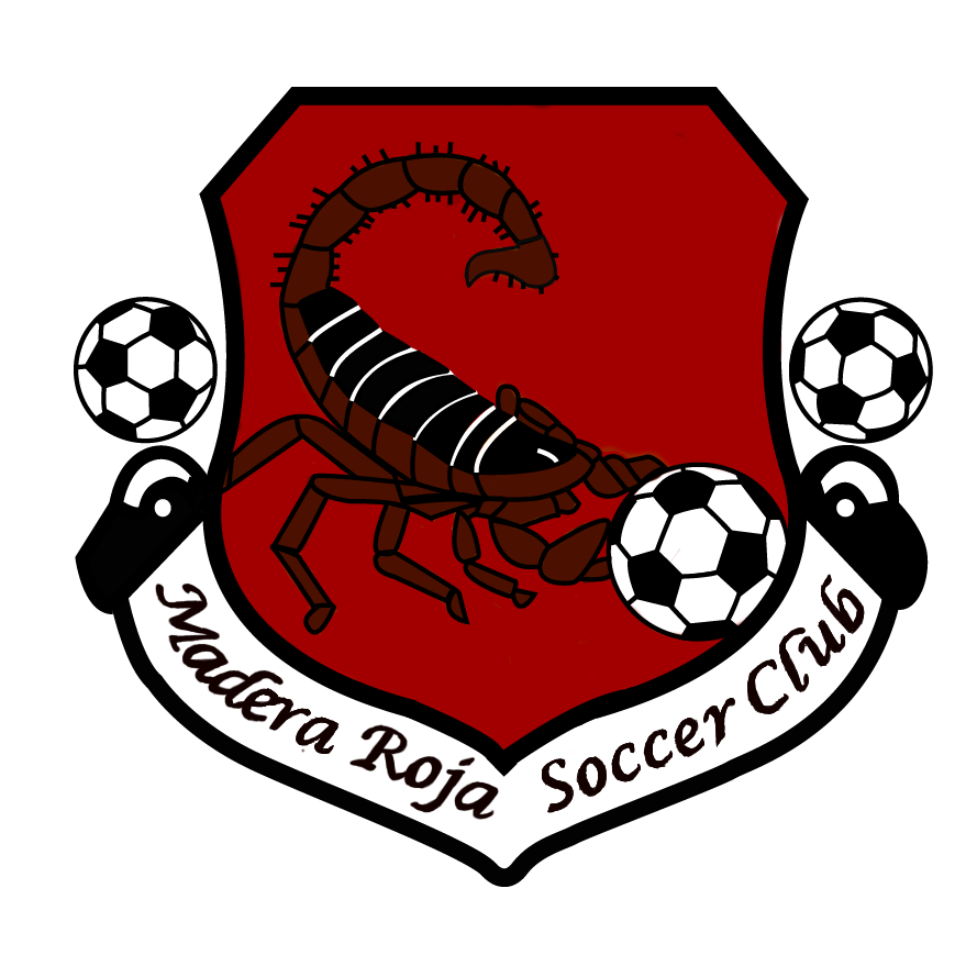 Madera Roja Soccer Club logo: a brown scorpion on a red shield holding a soccer ball. A banner below displays the club's name, flanked by two more soccer balls.