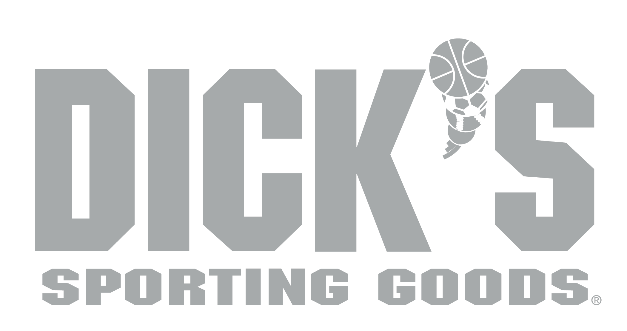 A grey logo for PWSC3 - Port Washington "DICK'S SPORTING" FULL Grey, featuring the words "DICK'S SPORTING GOODS" in a blocky font, with the apostrophe in "DICK'S" replaced by a stack of sports balls.