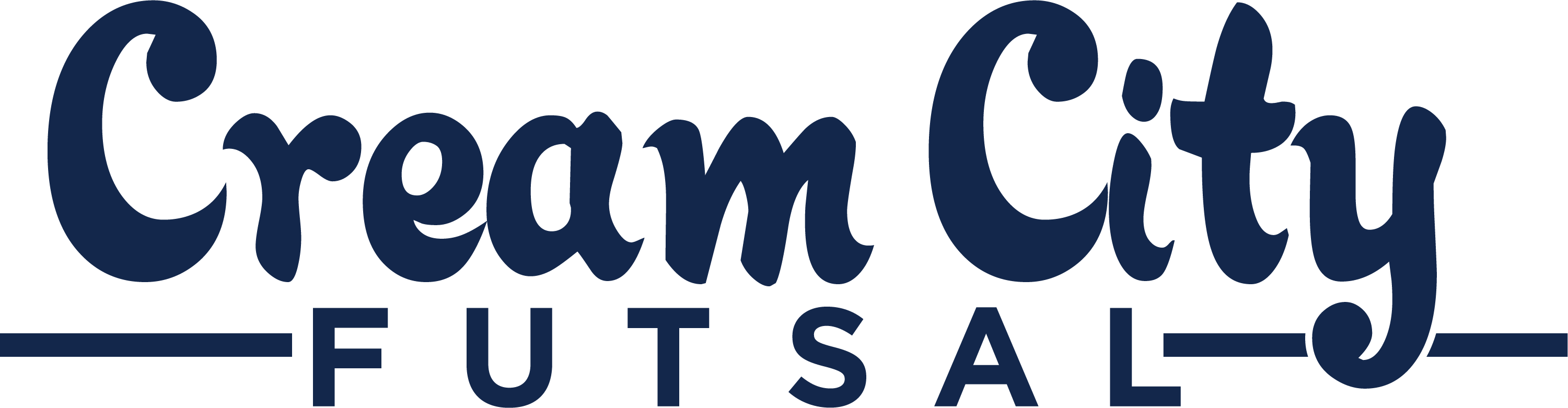 CCF14 - Cream City Futsal "TEXT" FULL Navy logo featuring the words "Cream City" in a navy script font above "FUTSAL" in bold navy capital letters, flanked by two horizontal lines.